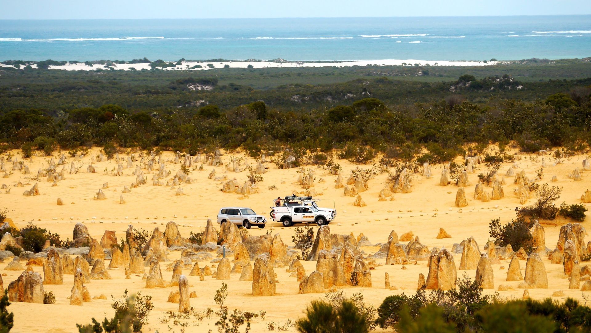 Two white SUVs on sandy dunes with ocean and beach in the distance under a blue sky