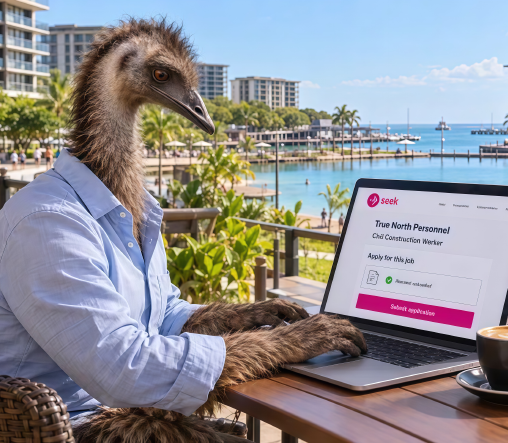 Bird-headed person using a laptop at a seaside café with a coffee cup nearby