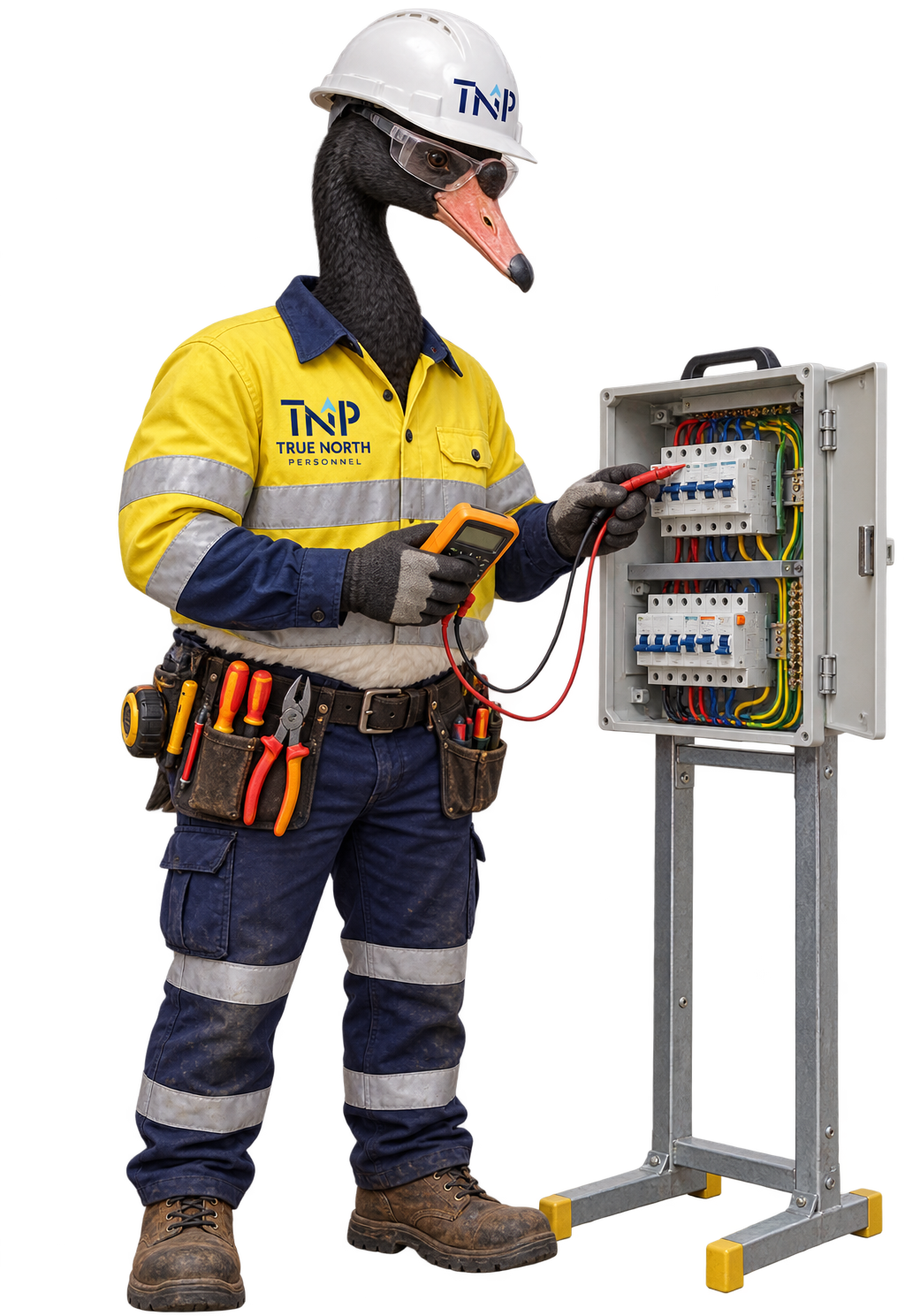 Worker in safety gear testing an electrical panel with cables and tools on a stand