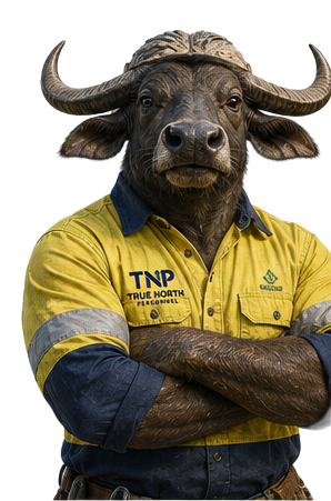 Buffalo mascot in a yellow work shirt, arms crossed, standing against a white background
