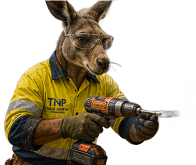 Kangaroo in safety glasses and yellow work shirt using a power drill on a white background