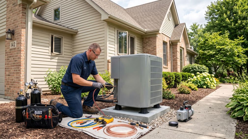 Technician kneels beside a house-mounted HVAC unit on a brick driveway, using tools and gauges.