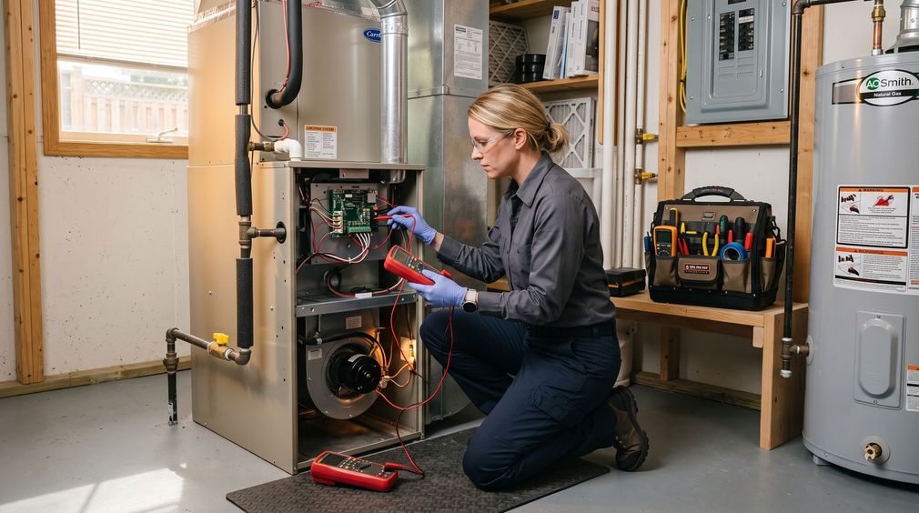 Technician kneeling by an open furnace, using a flashlight in a basement utility room