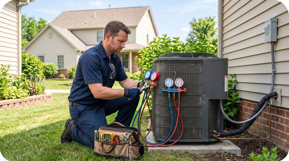 HVAC technician servicing an outdoor air conditioner unit beside a suburban house