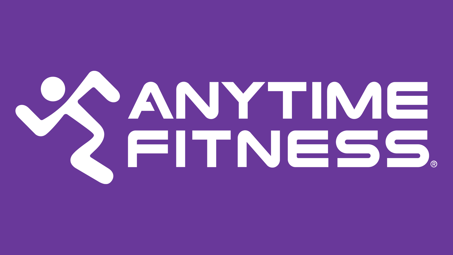 The logo for anytime fitness is on a purple background.