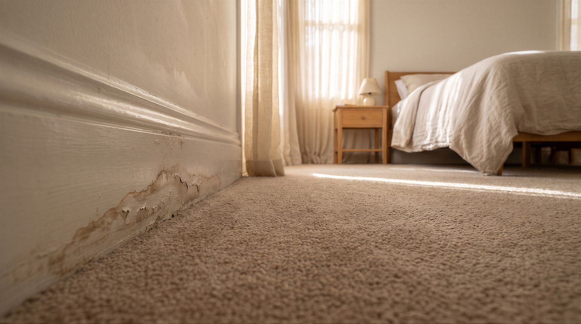 Dusty carpet beside a bed in a sunlit bedroom, with grime buildup along the baseboard wall.