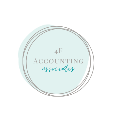 A logo for 4F Accounting Associates with grey text inside a circular frame on a light blue background.