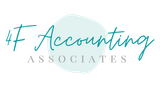 Logo for 4F Accounting Associates, featuring teal cursive text over a pale blue circle, with 