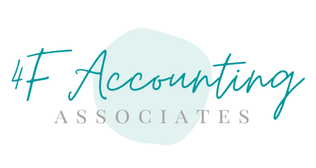 Logo for 4F Accounting Associates, featuring teal cursive text over a pale blue circle, with 