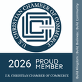 U.S. Christian Chamber of Commerce 2026 Proud Member badge, featuring a blue circular logo and organizational text.