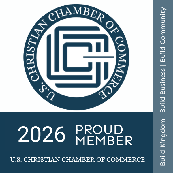 U.S. Christian Chamber of Commerce 2026 Proud Member badge, featuring a blue circular logo and organizational text.