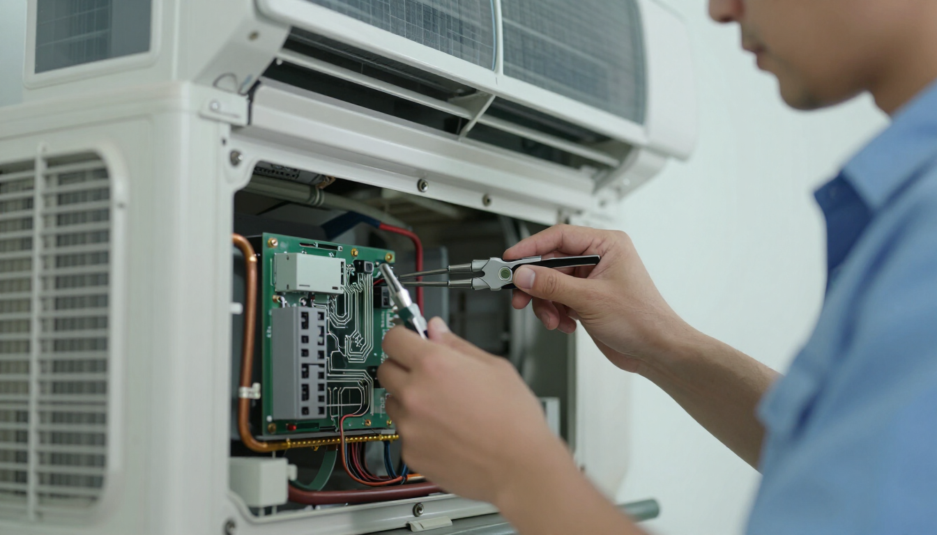 Technician inspecting split system air conditioner