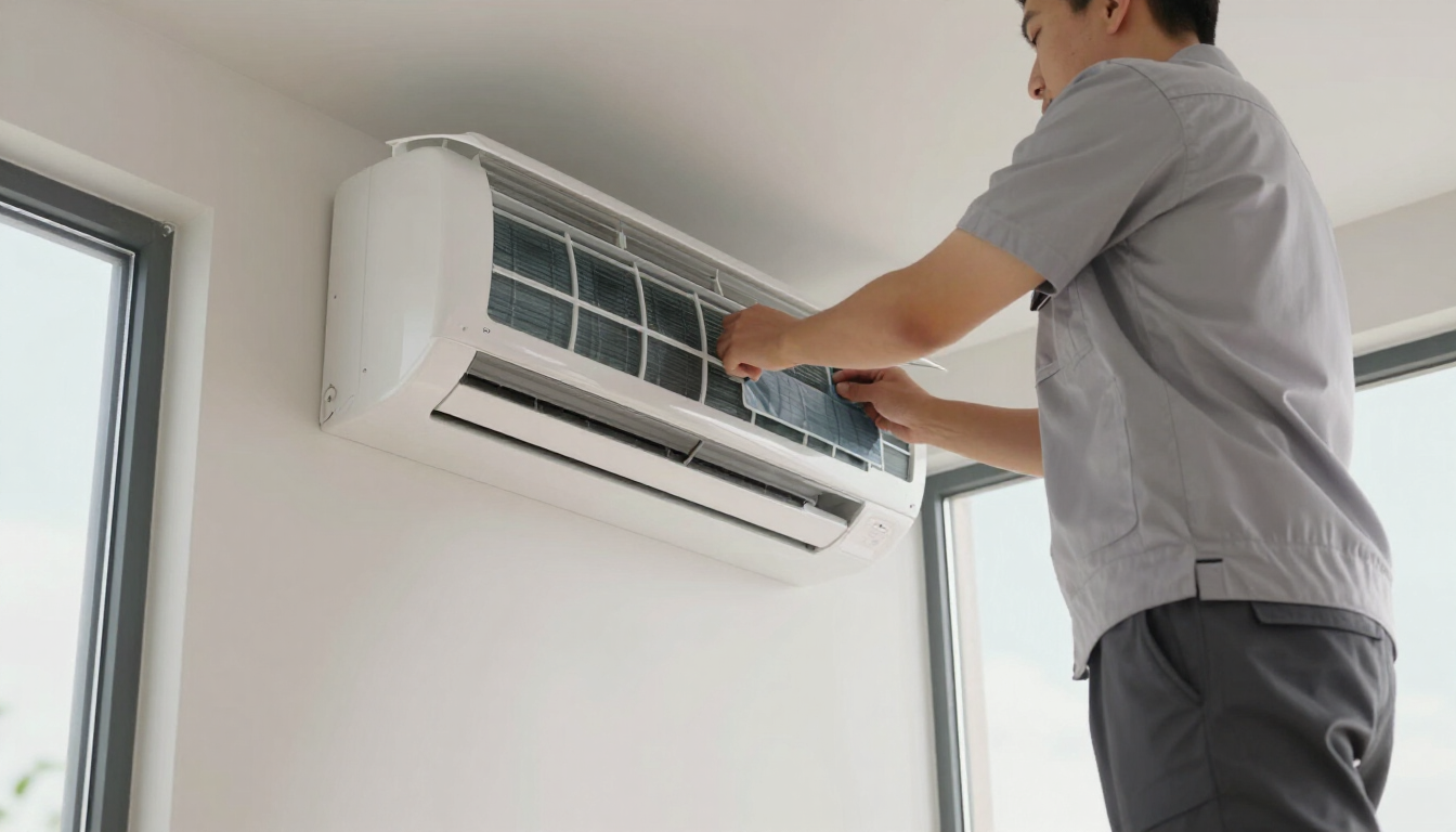Technician cleaning split system air conditioner filter