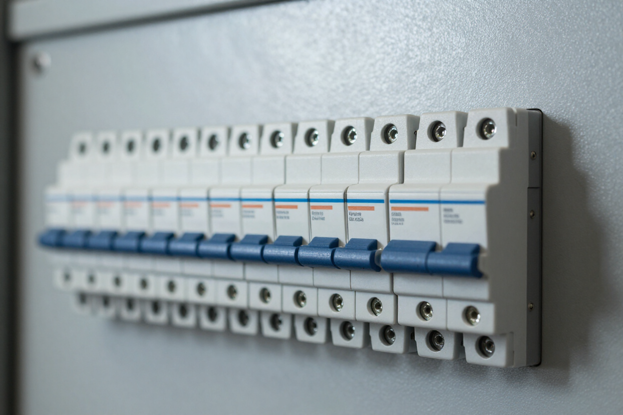 Modern residential switchboard panel with circuit breakers