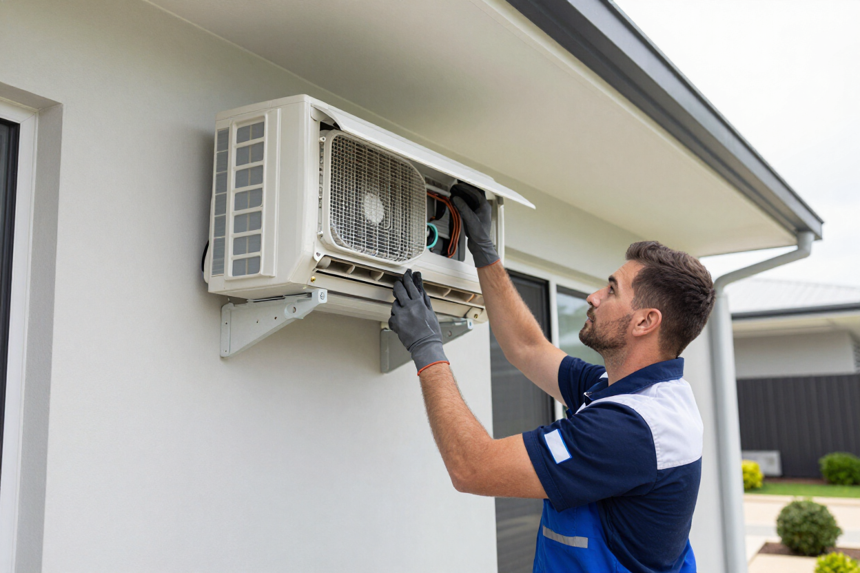 GED technician installing a split system air conditioner on a residential wall