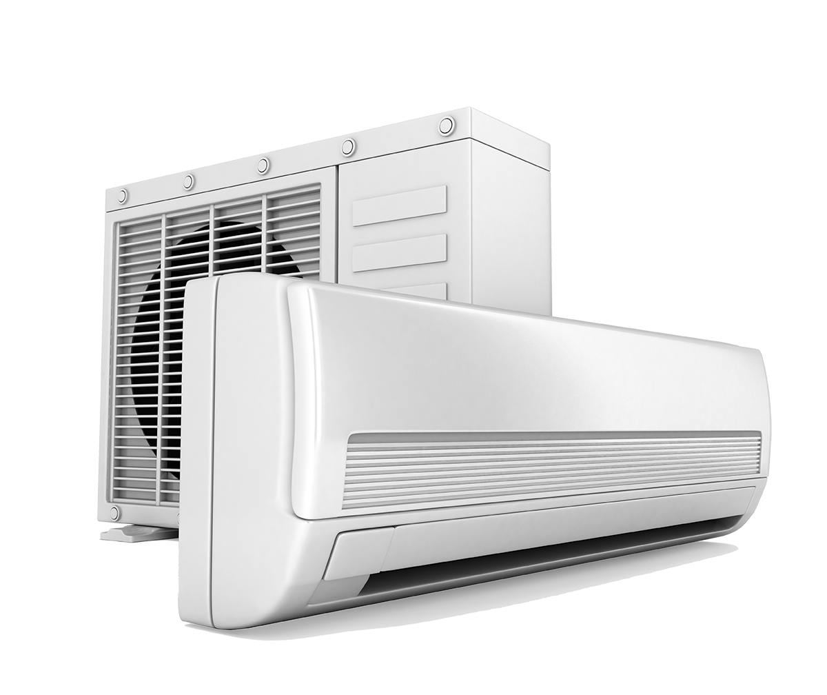 White wall-mounted air conditioner with outdoor compressor unit behind it