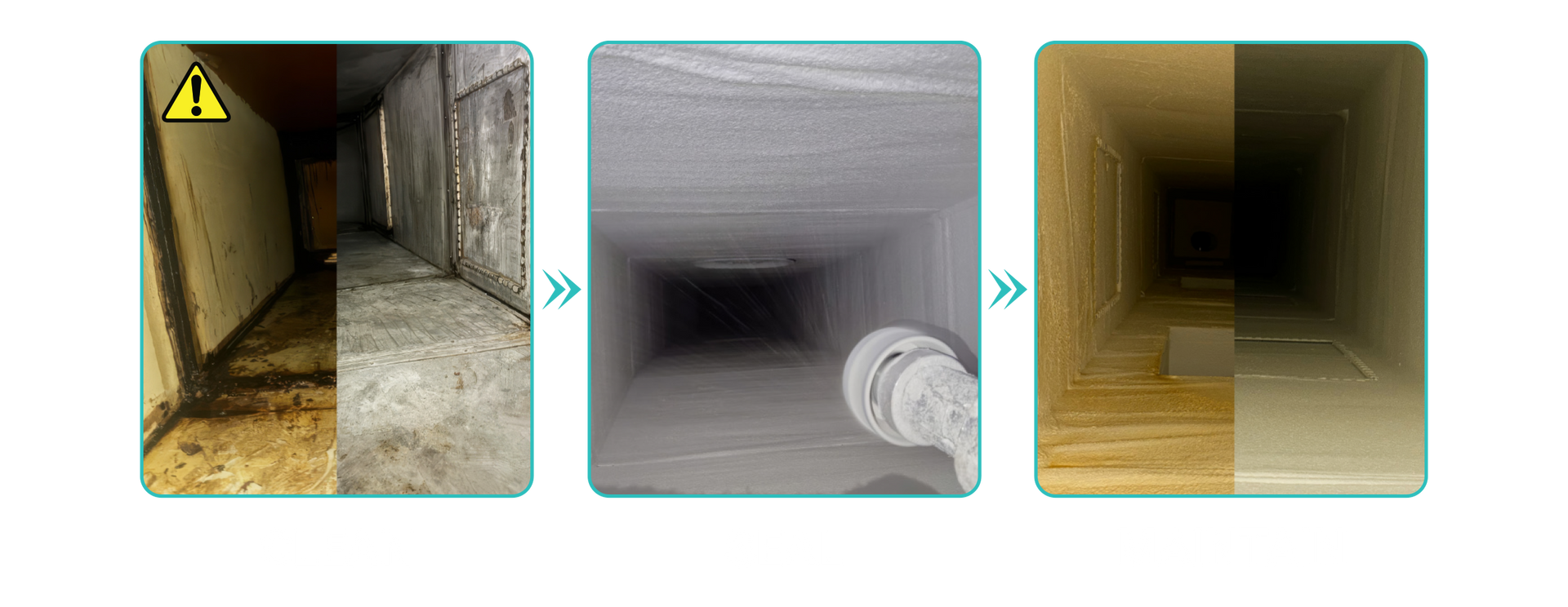 Before and after cleaning of a vent: dirty and clean air ducts.