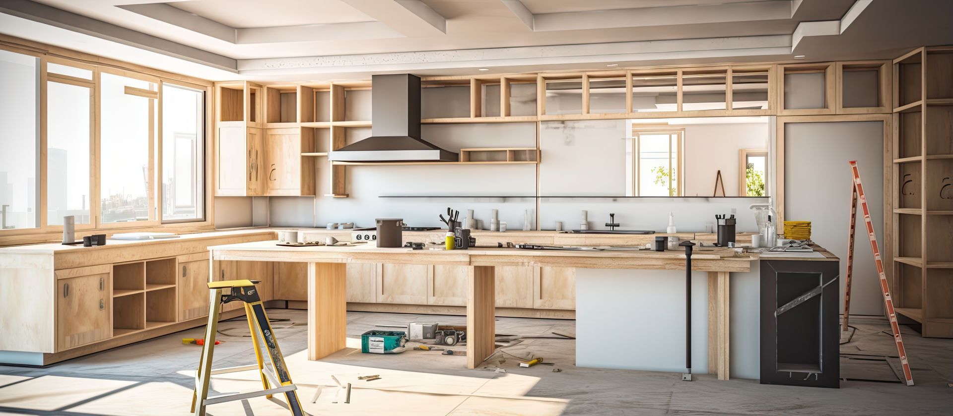 Une cuisine en construction avec des armoires en bois et une échelle.