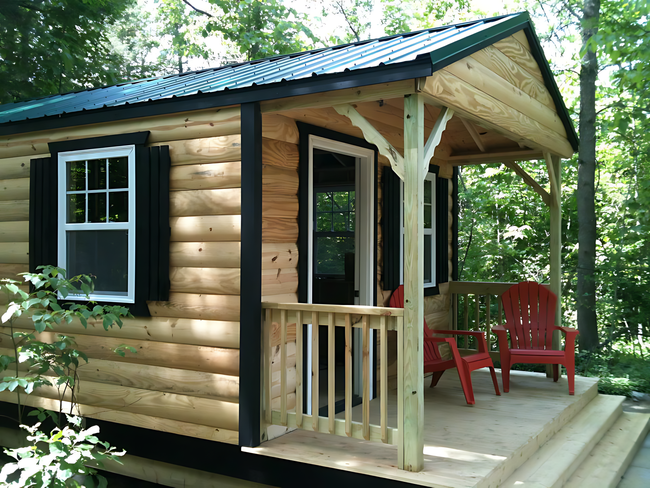A small log cabin with a porch and red chairs