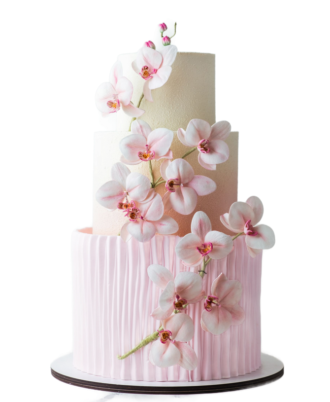 Torta rosa a tre piani decorata con glassa testurizzata e orchidee rosa.