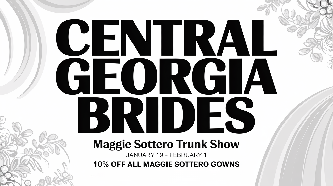 Central Georgia Brides bridal expo ad with black text and floral gray accents, featuring Maggie Sottero trunk show