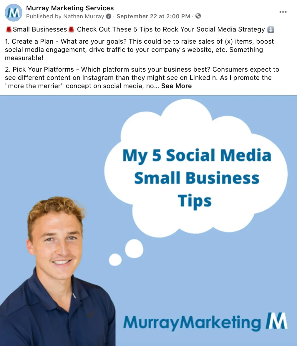 A picture of a man with a thought bubble that says my 5 social media small business tips
