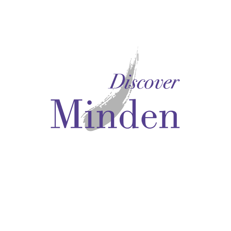 A logo for discover minden with a brush stroke on a white background.