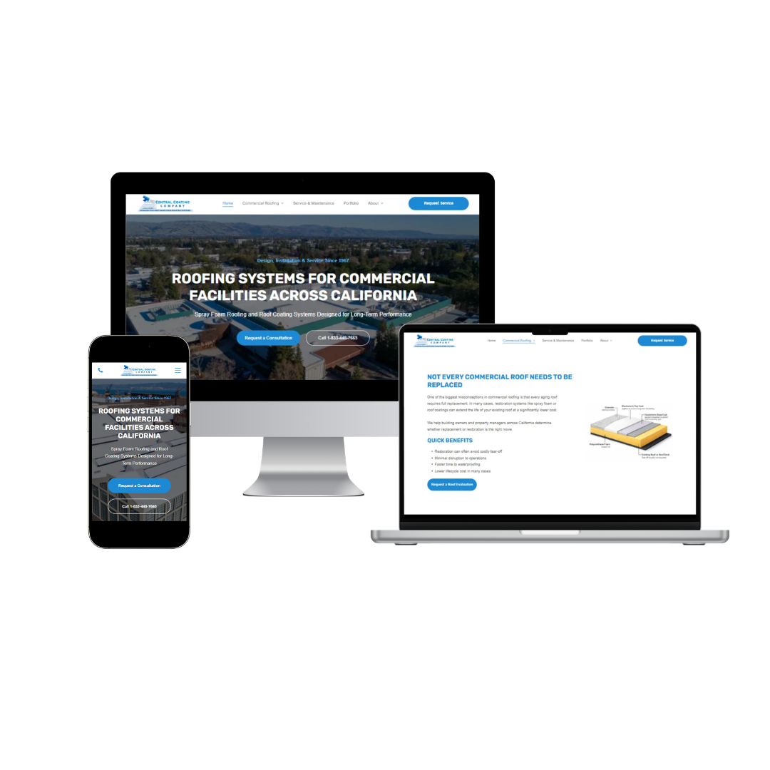 Website of Central Coating Company displayed on a phone, laptop, and desktop computer.