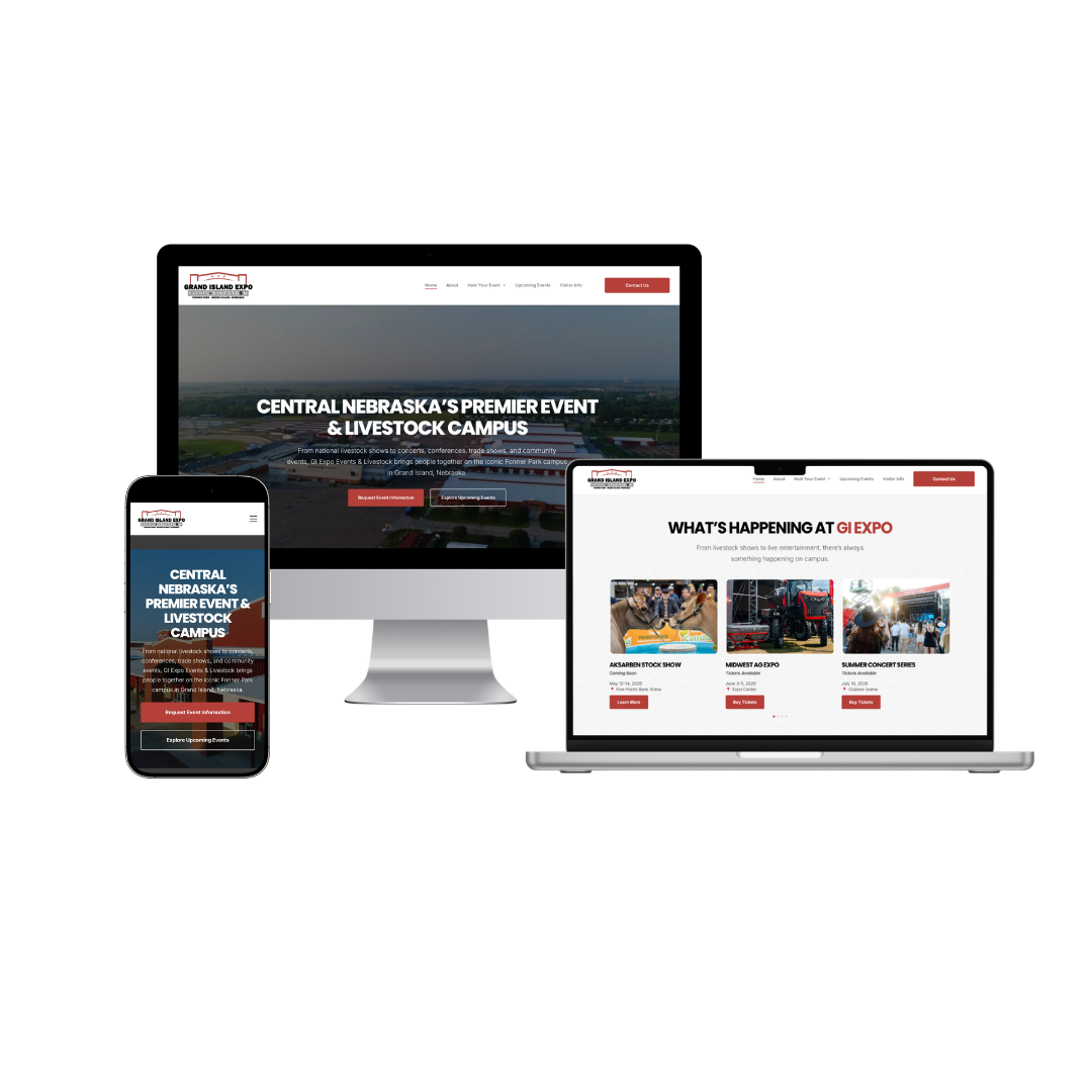 GI Expo Events & Livestock Website displayed on a phone, laptop, and desktop computer.
