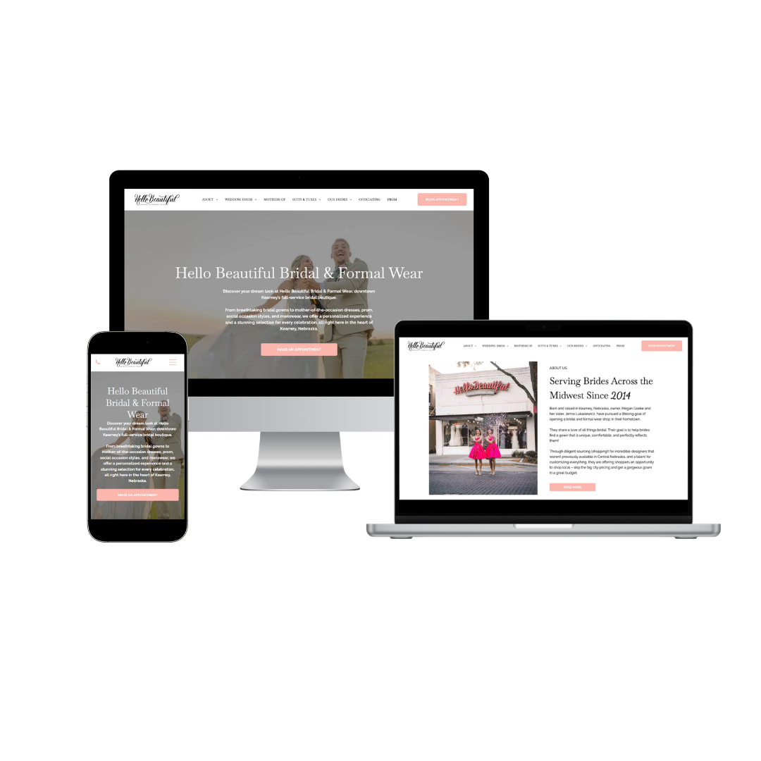 Website of Hello Beautiful Bridal displayed on a phone, laptop, and desktop computer.
