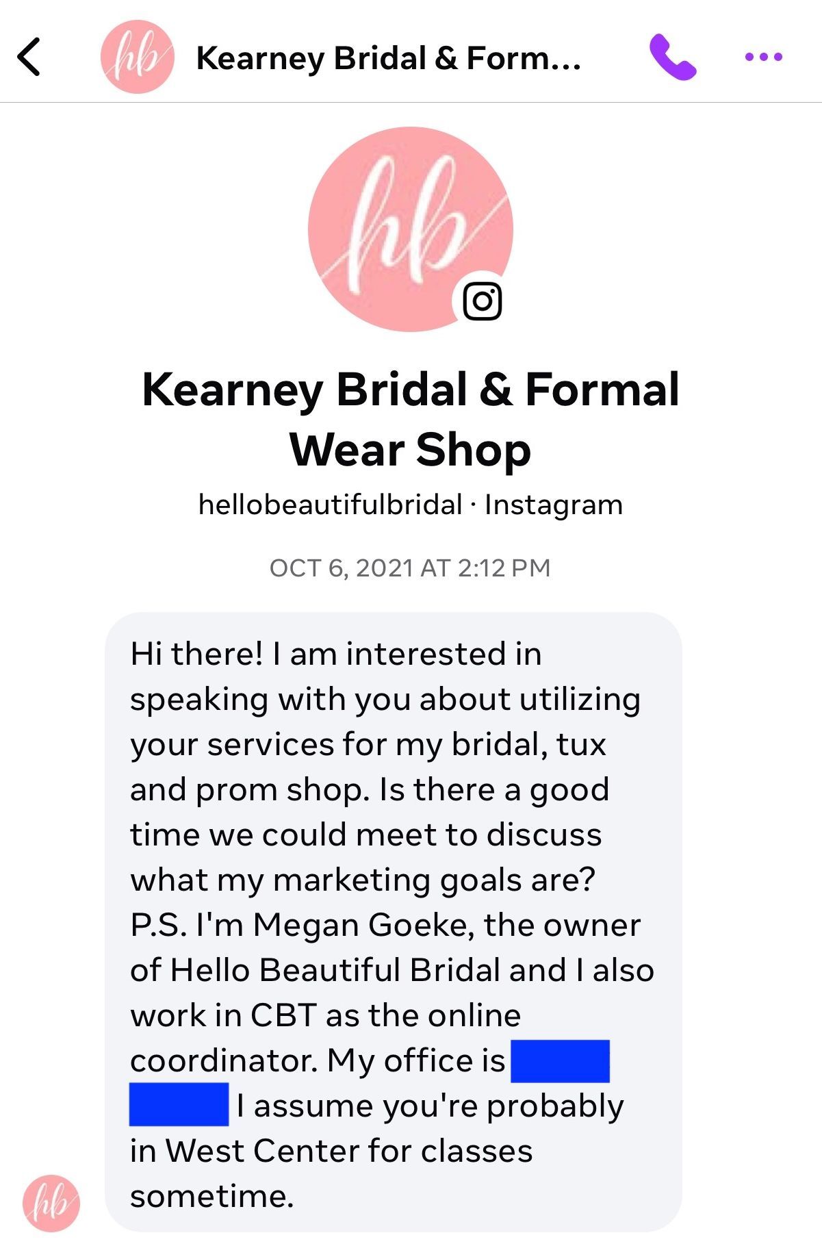 Instagram direct message from Megan Goeke owner of Hello Beautiful Bridal to Murray Marketing Services dated October 6 2021