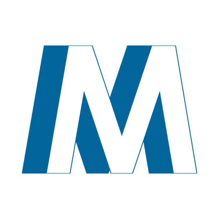 A blue and white letter m on a white background
