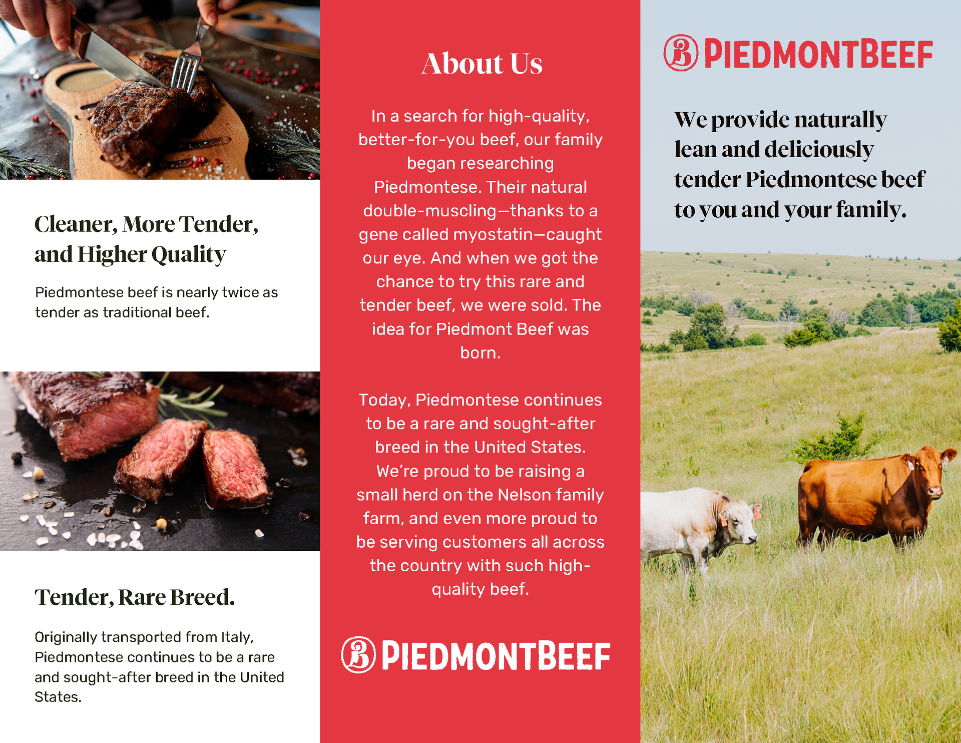 A brochure for piedmontbeef shows a man cutting a piece of meat on a cutting board