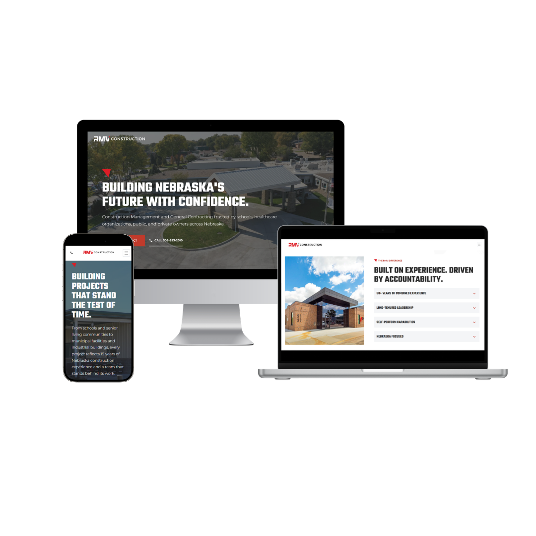 RMV Construction Website displayed on a phone, laptop, and desktop computer.