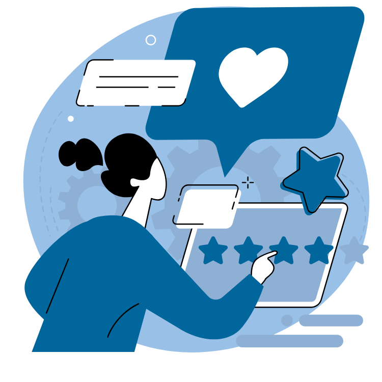 A woman is giving a five star rating on a tablet.