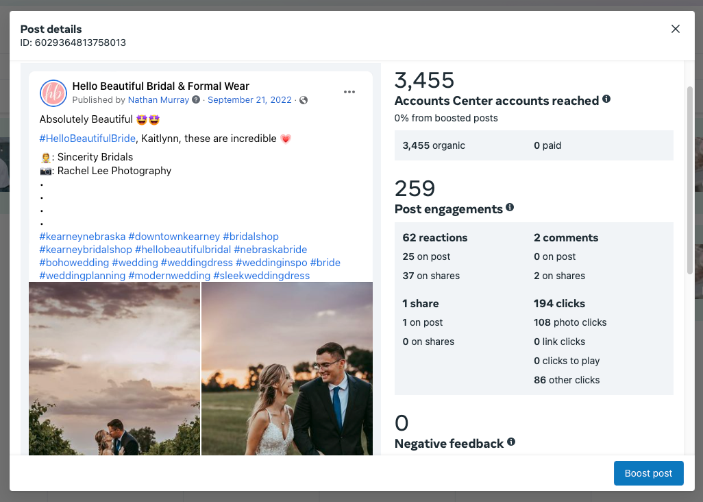 A facebook page with a picture of a bride and groom on it