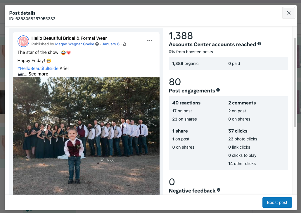 A facebook page with a picture of a boy standing in front of a group of people.