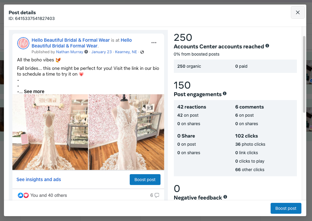 A facebook page with a picture of a wedding dress on it