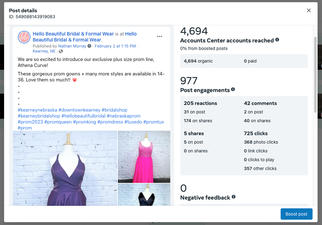 A facebook page with a picture of a dress on a mannequin