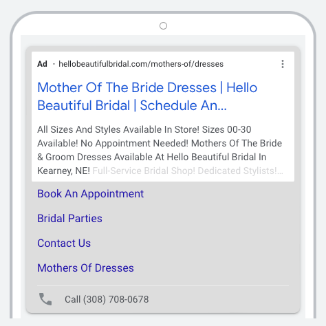 A phone screen shows an ad for mother of the bride dresses