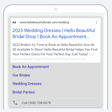 A phone screen shows an ad for a bridal shop.