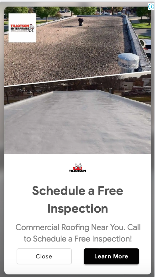 A phone screen shows an advertisement for a free roof inspection.
