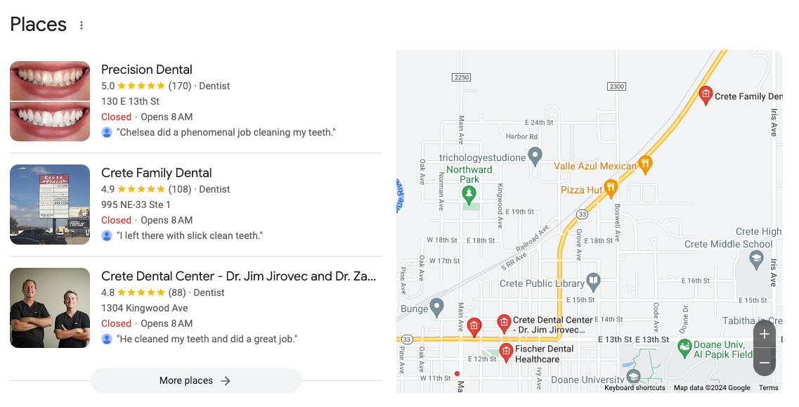 screenshot of google maps listings for dentists