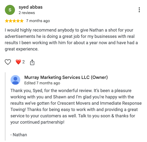Google review from Crescent Movers for Murray Marketing Services