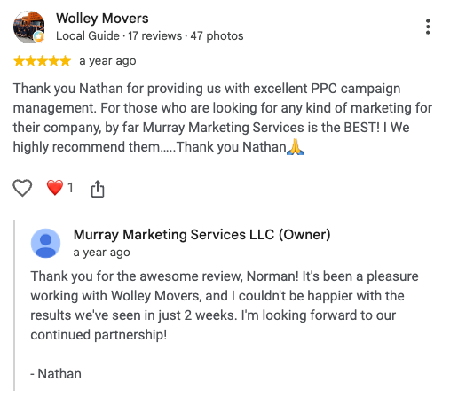 Google review from Norman Abbas of Wolley Movers for Murray Marketing Services