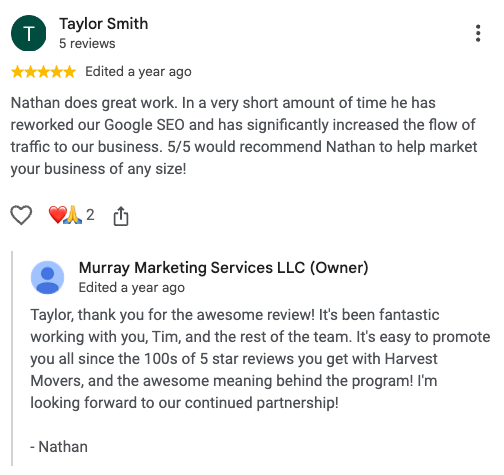 Google review from Harvest Academy Movers for Murray Marketing Services