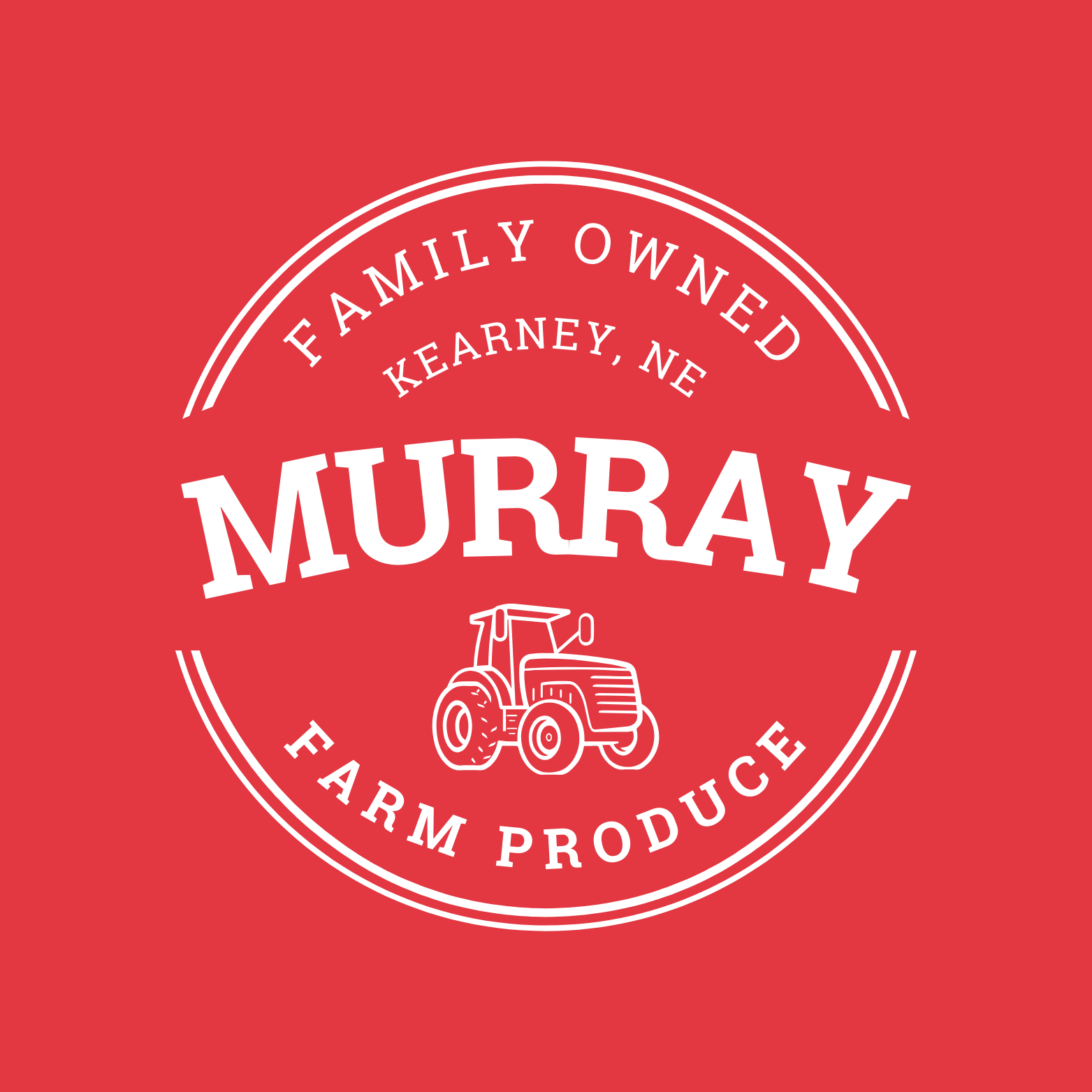 A family owned farm produce logo with a red background