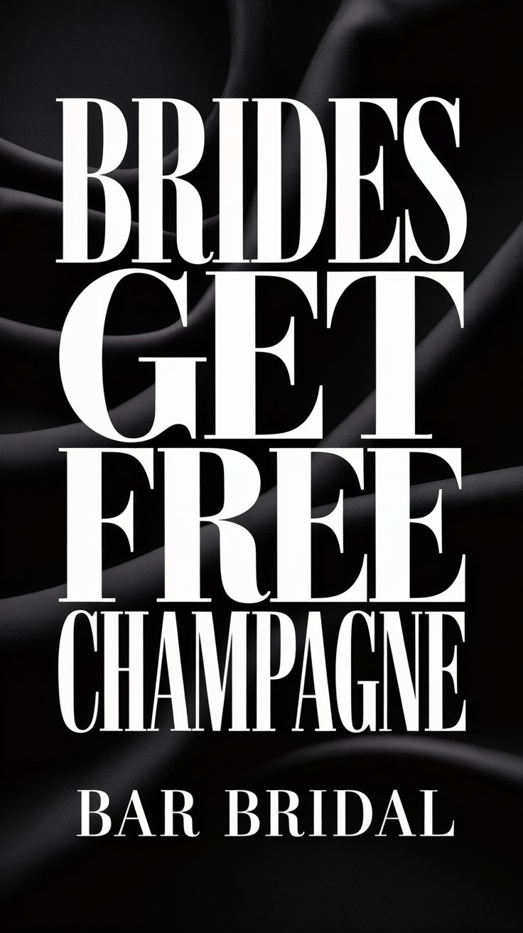 Brides Get Free Champagne sign in bold white text on a black background, Bar Bridal.