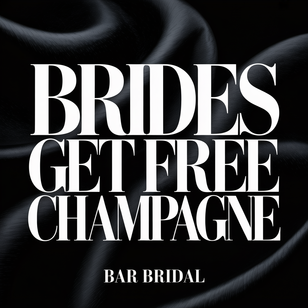 Black satin background with white text: “BRIDES GET FREE CHAMPAGNE” and “BAR BRIDAL”