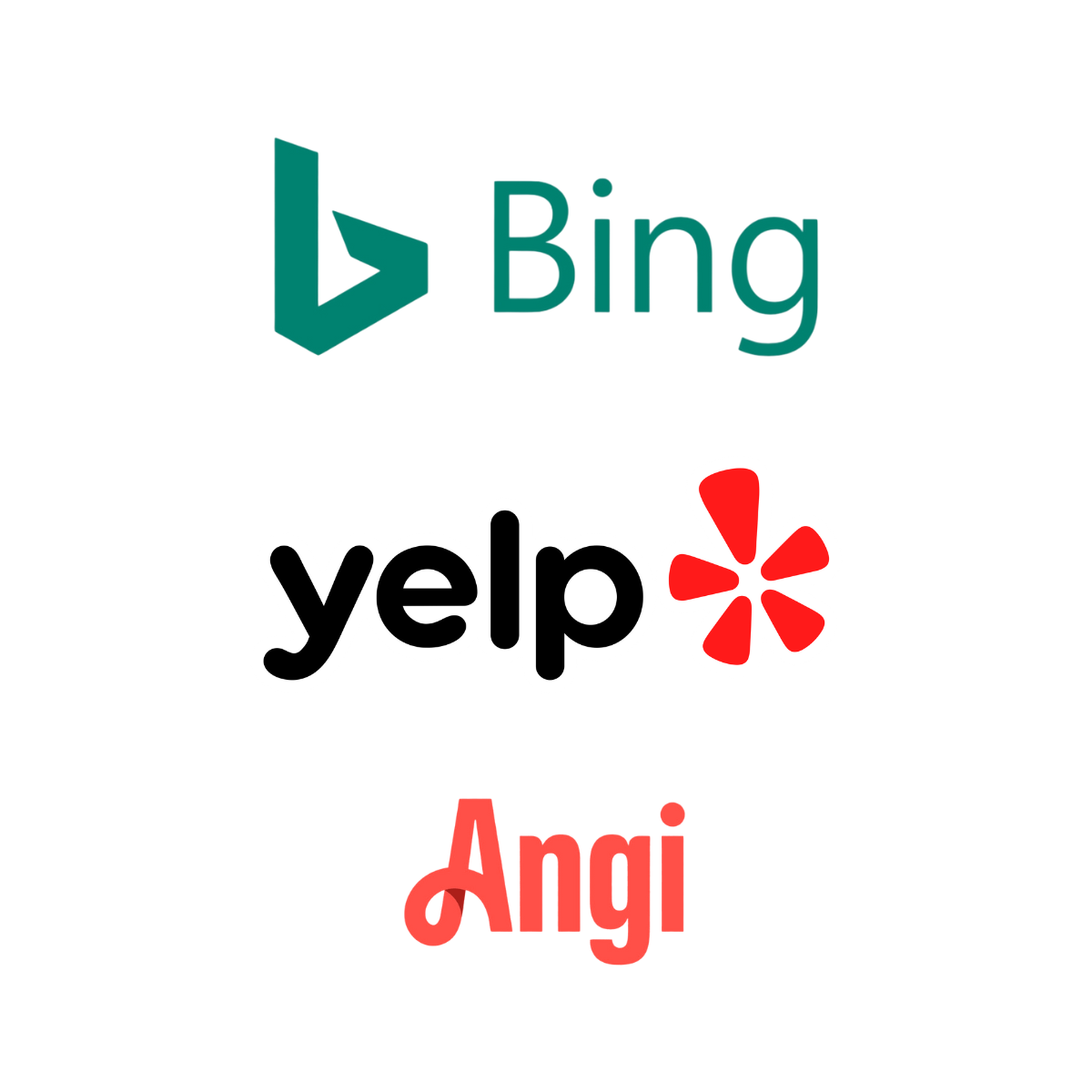 bing logo, yelp logo, and angi log
